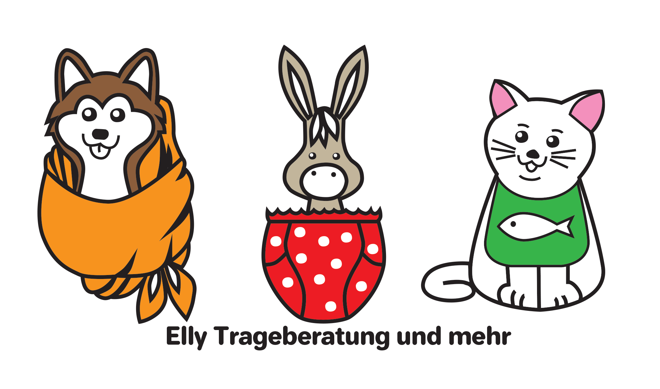 Hund im Tragetuch, Esel mit einer Windel, Katze mit L&auuml;tzchen und dem Schrift Elly Trageberatung und mehr.